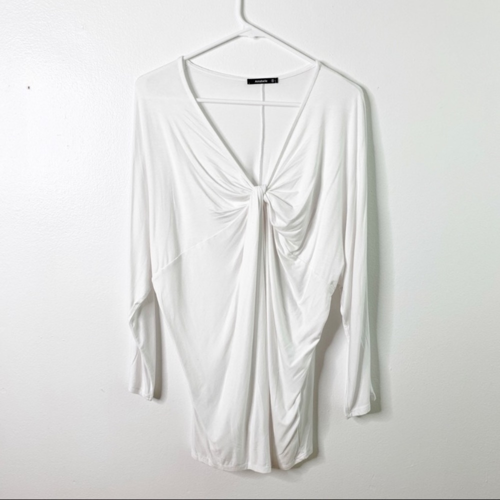 Annabelle Small White Boho Twist Flowy Long Sleeve Vneck Basic TShirt Top
